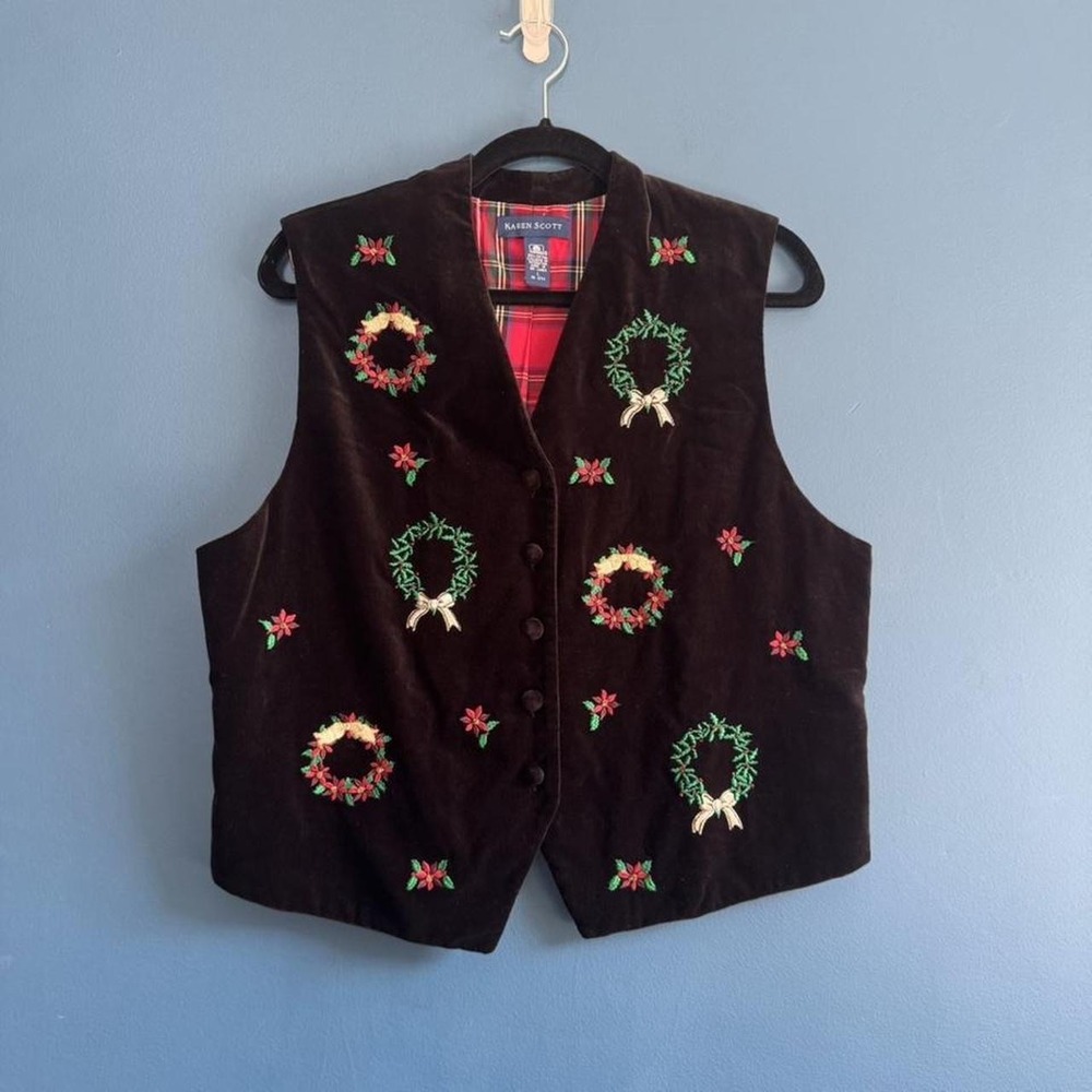 Vintage 90s Velvet Christmas Vest Women's Size Large Red Green Gold Karen Scott